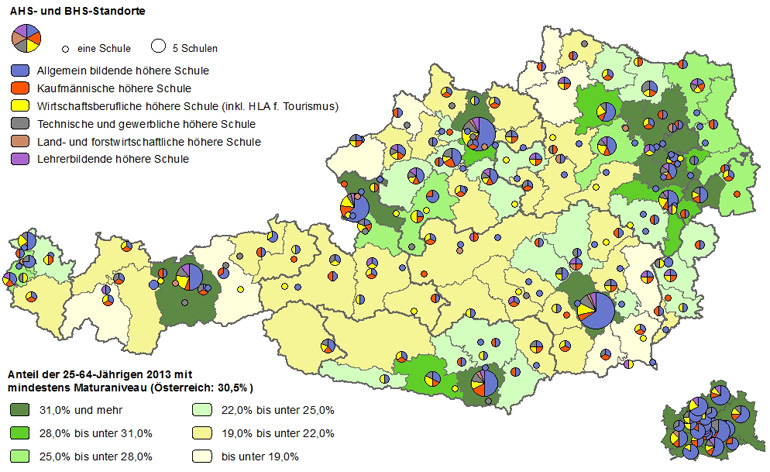 Bildungsniveau 2013 und Standorte von allgemeinbildenden höheren Schulen und berufs- sowie lehrerbildenden höheren Schulen 2015