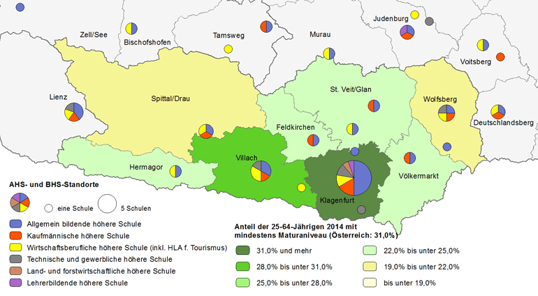 Bildungsniveau 2014 und Standorte von allgemeinbildenden höheren Schulen und berufs- sowie lehrerbildenden höheren Schulen 2016