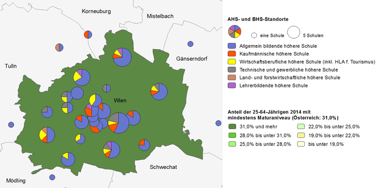 Bildungsniveau 2014 und Standorte von allgemeinbildenden höheren Schulen und berufs- sowie lehrerbildenden höheren Schulen 2016