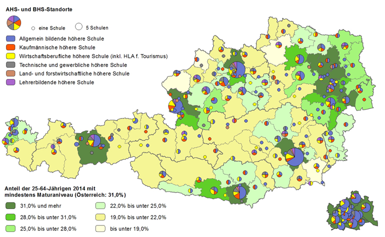 Bildungsniveau 2014 und Standorte von allgemeinbildenden höheren Schulen und berufs- sowie lehrerbildenden höheren Schulen 2016