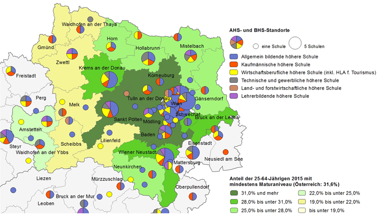 Bildungsniveau 2015 und Standorte von allgemeinbildenden höheren Schulen und berufs- sowie lehrerbildenden höheren Schulen 2017