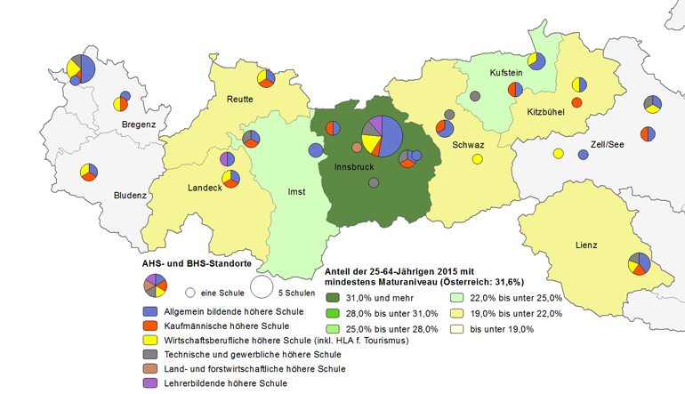 Bildungsniveau 2015 und Standorte von allgemeinbildenden höheren Schulen und berufs- sowie lehrerbildenden höheren Schulen 2017