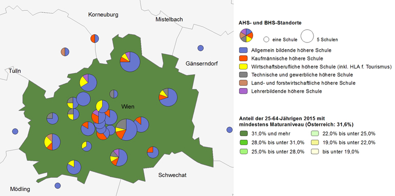 Bildungsniveau 2015 und Standorte von allgemeinbildenden höheren Schulen und berufs- sowie lehrerbildenden höheren Schulen 2017