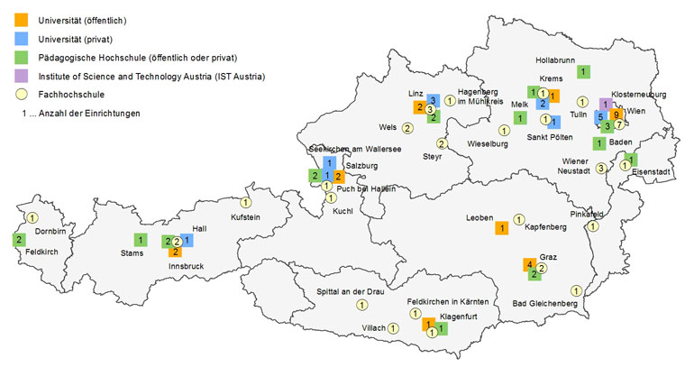 Standorte von Universitäten, Pdagogischen Hochschulen und Fachhochschulen 2017/2018