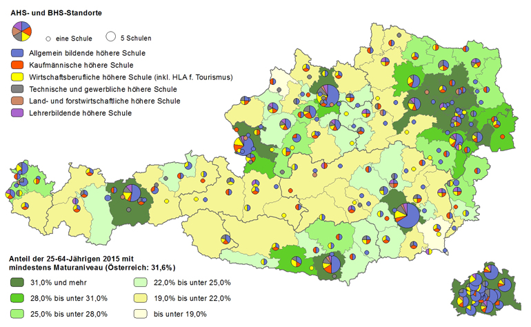 Bildungsniveau 2015 und Standorte von allgemeinbildenden höheren Schulen und berufs- sowie lehrerbildenden höheren Schulen 2017