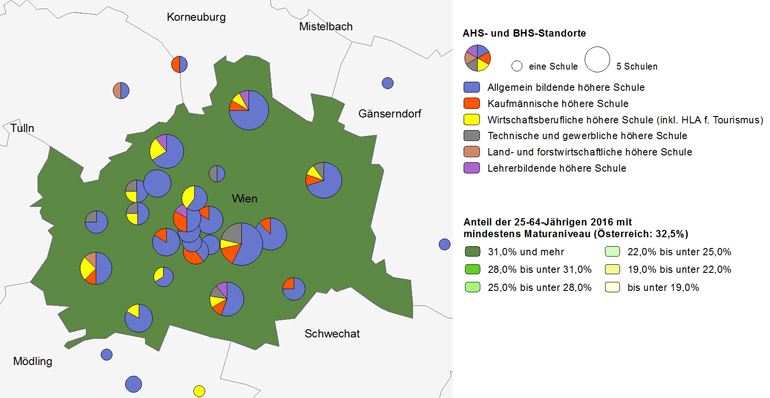 Bildungsniveau 2016 und Standorte von allgemeinbildenden höheren Schulen und berufs- sowie lehrerbildenden höheren Schulen 2018