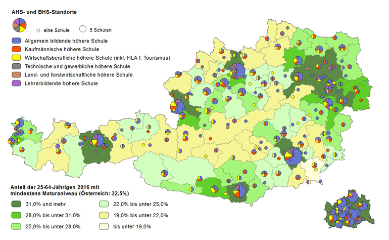 Bildungsniveau 2016 und Standorte von allgemeinbildenden höheren Schulen und berufs- sowie lehrerbildenden höheren Schulen 2018