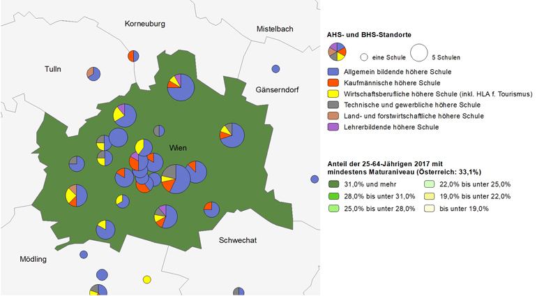 Bildungsniveau 2017 und Standorte von allgemeinbildenden höheren Schulen und berufs- sowie lehrerbildenden höheren Schulen 2019