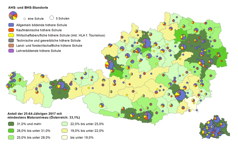 Bildungsniveau 2017 und Standorte von allgemeinbildenden höheren Schulen und berufs- sowie lehrerbildenden höheren Schulen 2019