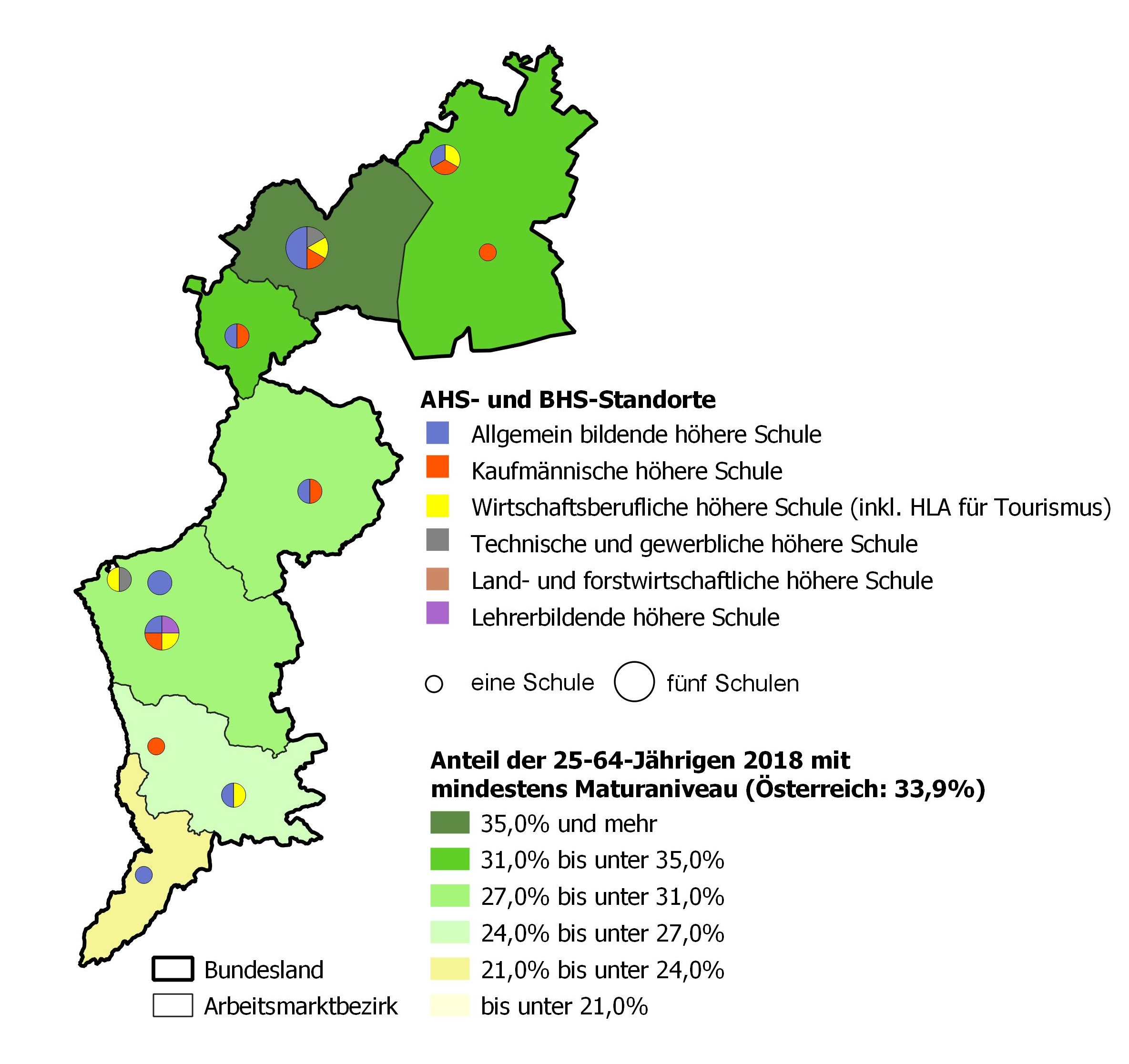 Bildungsniveau 2018 und Standorte von allgemeinbildenden höheren Schulen und berufs- sowie lehrerbildenden höheren Schulen 2020