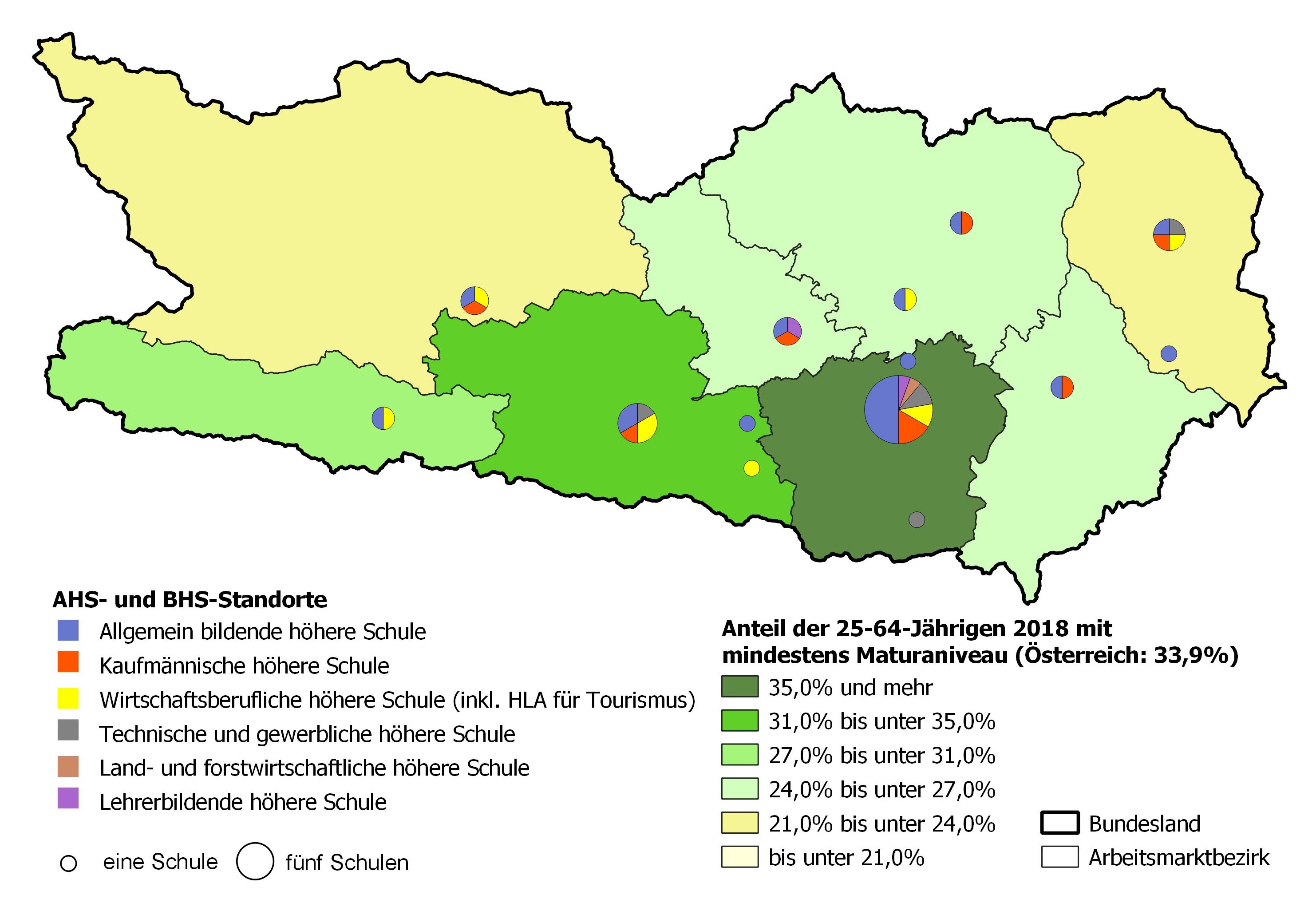 Bildungsniveau 2018 und Standorte von allgemeinbildenden höheren Schulen und berufs- sowie lehrerbildenden höheren Schulen 2020