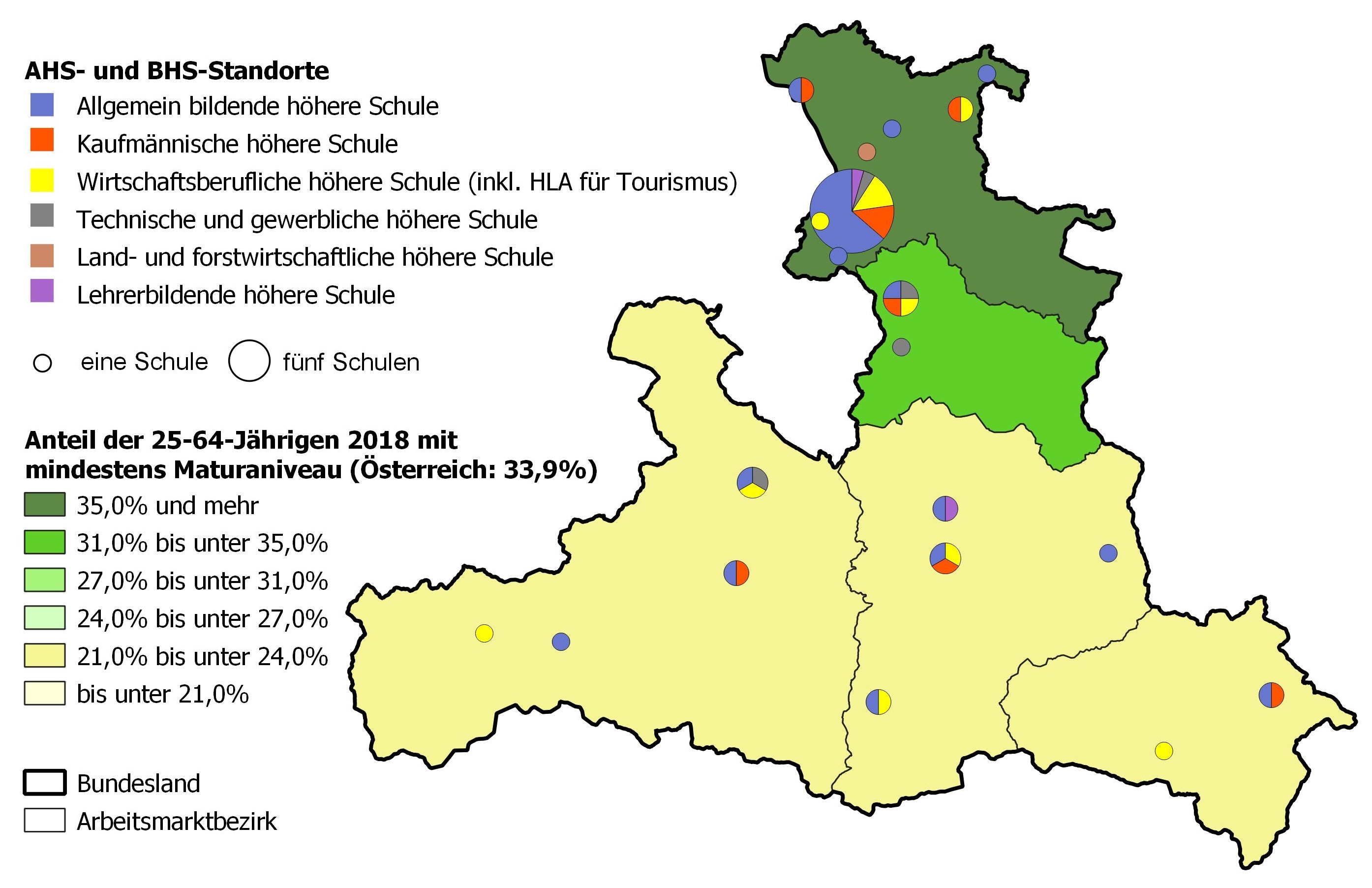 Bildungsniveau 2018 und Standorte von allgemeinbildenden höheren Schulen und berufs- sowie lehrerbildenden höheren Schulen 2020