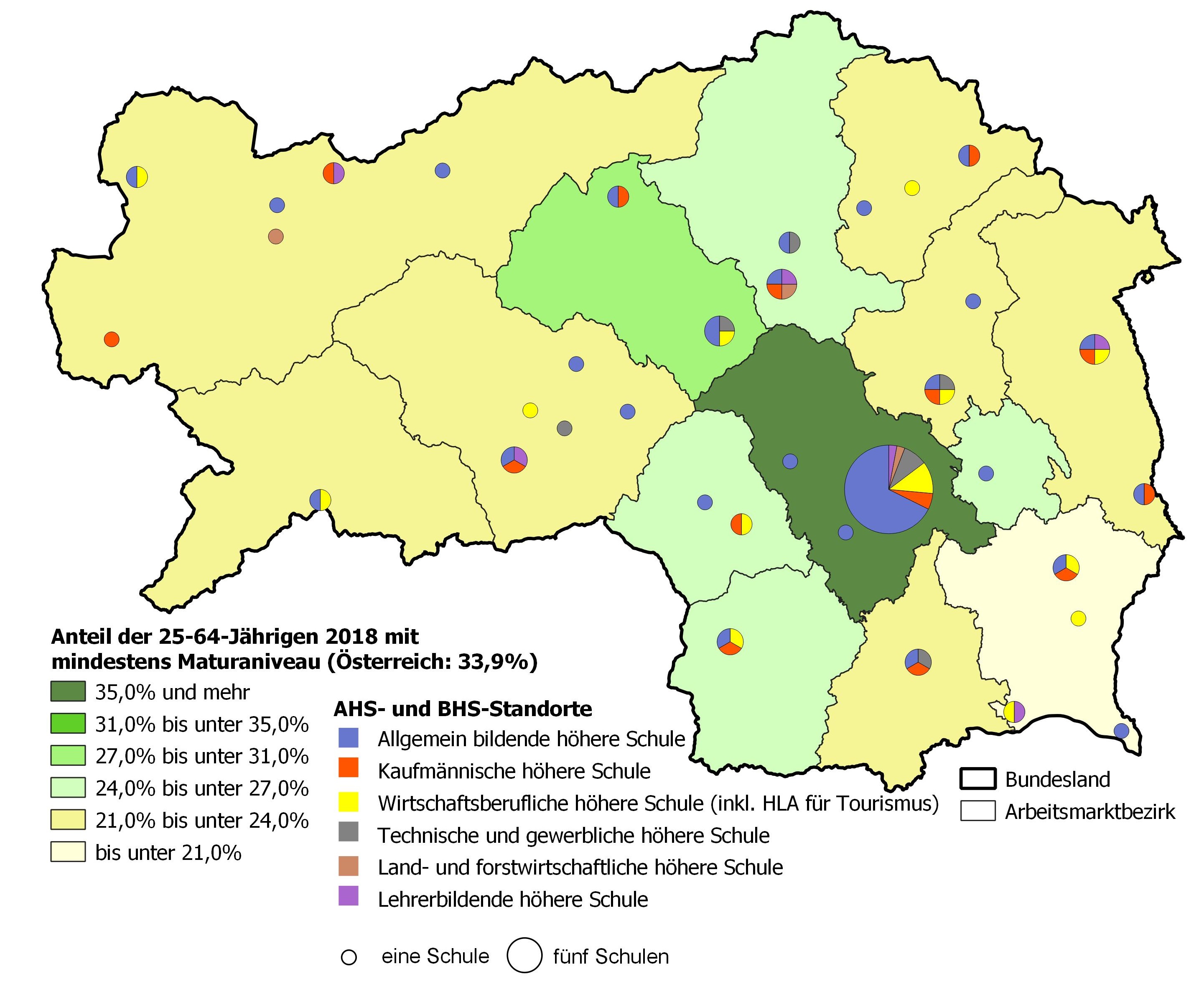 Bildungsniveau 2018 und Standorte von allgemeinbildenden höheren Schulen und berufs- sowie lehrerbildenden höheren Schulen 2020