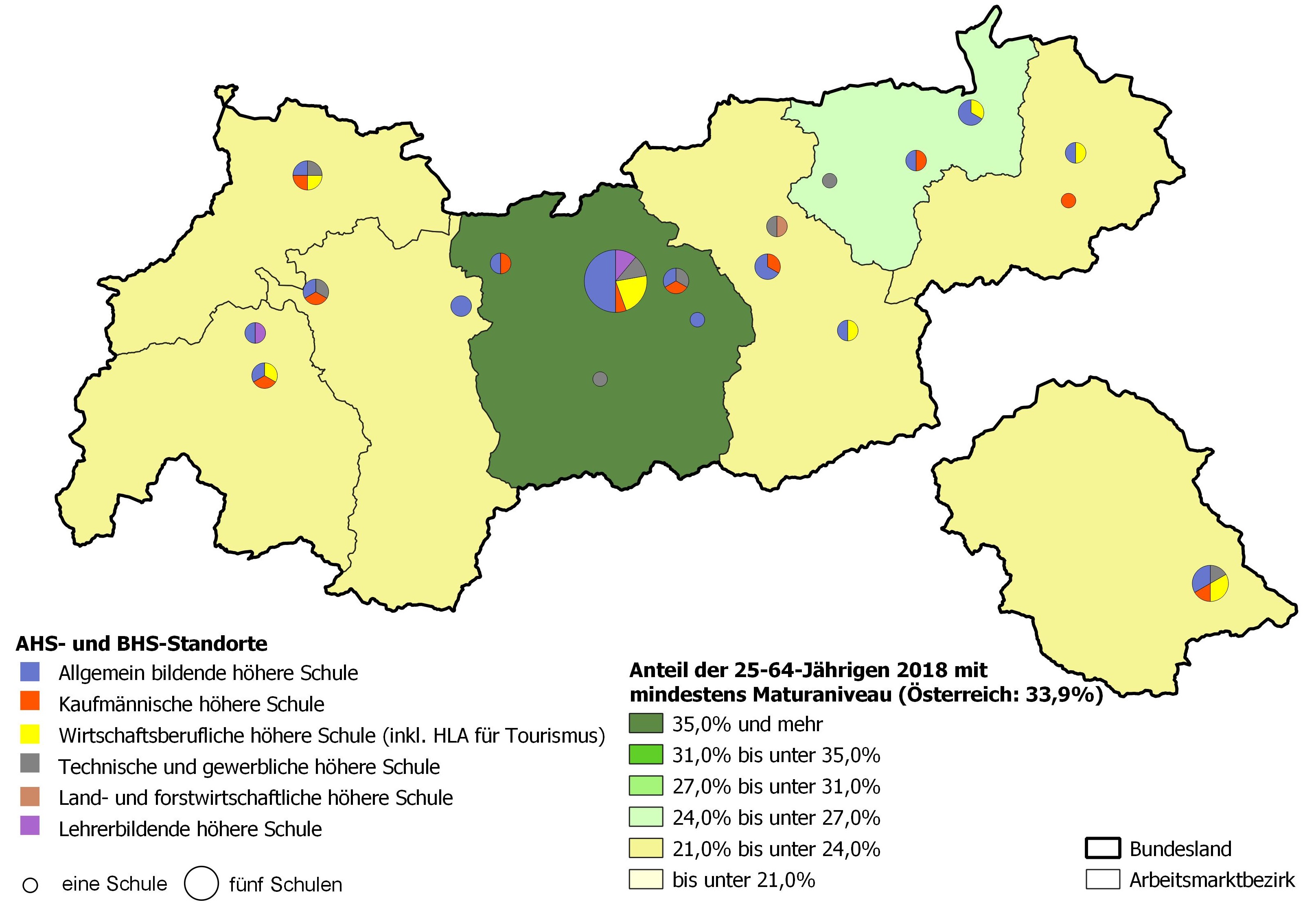 Bildungsniveau 2018 und Standorte von allgemeinbildenden höheren Schulen und berufs- sowie lehrerbildenden höheren Schulen 2020