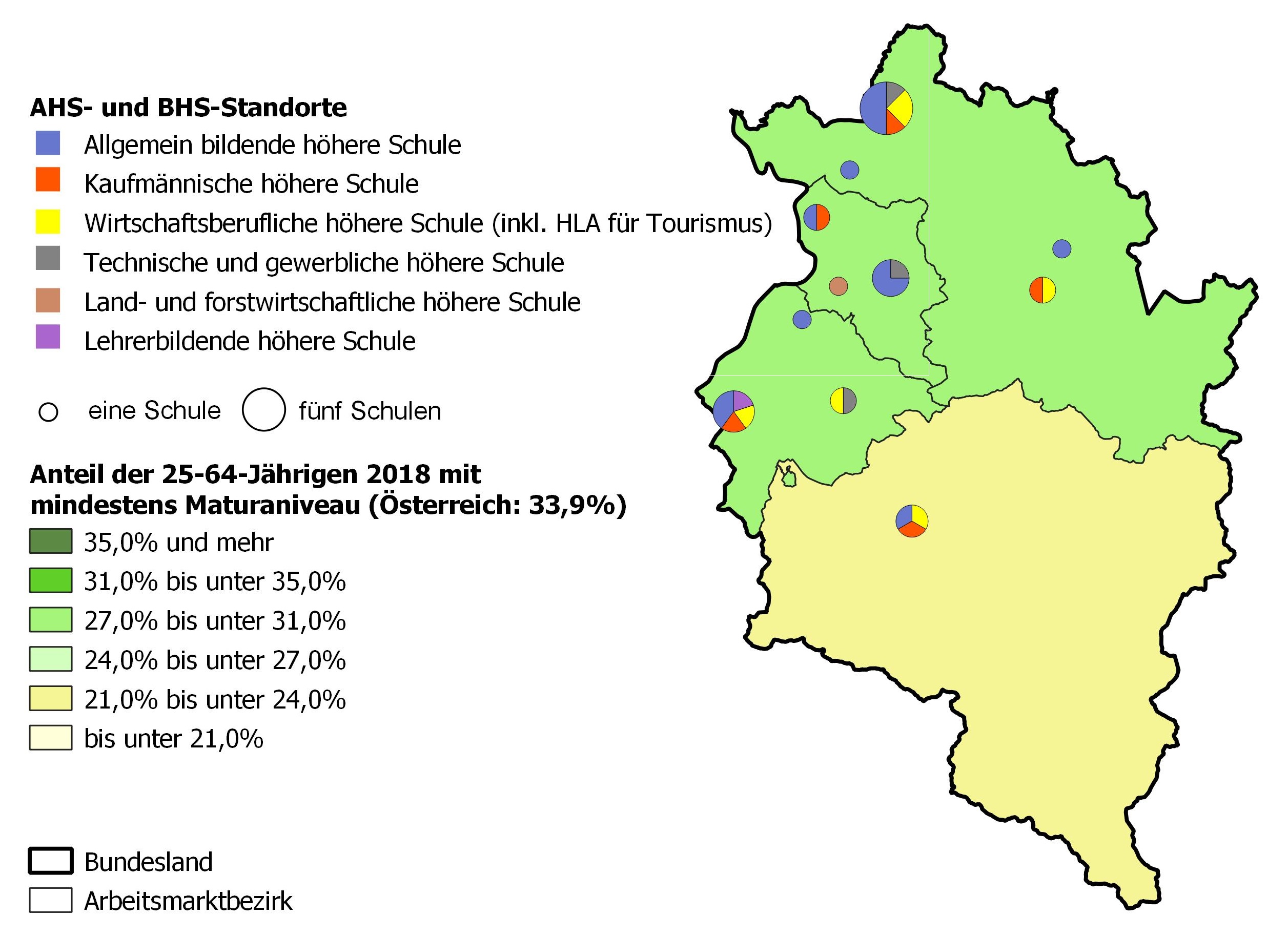 Bildungsniveau 2018 und Standorte von allgemeinbildenden höheren Schulen und berufs- sowie lehrerbildenden höheren Schulen 2020