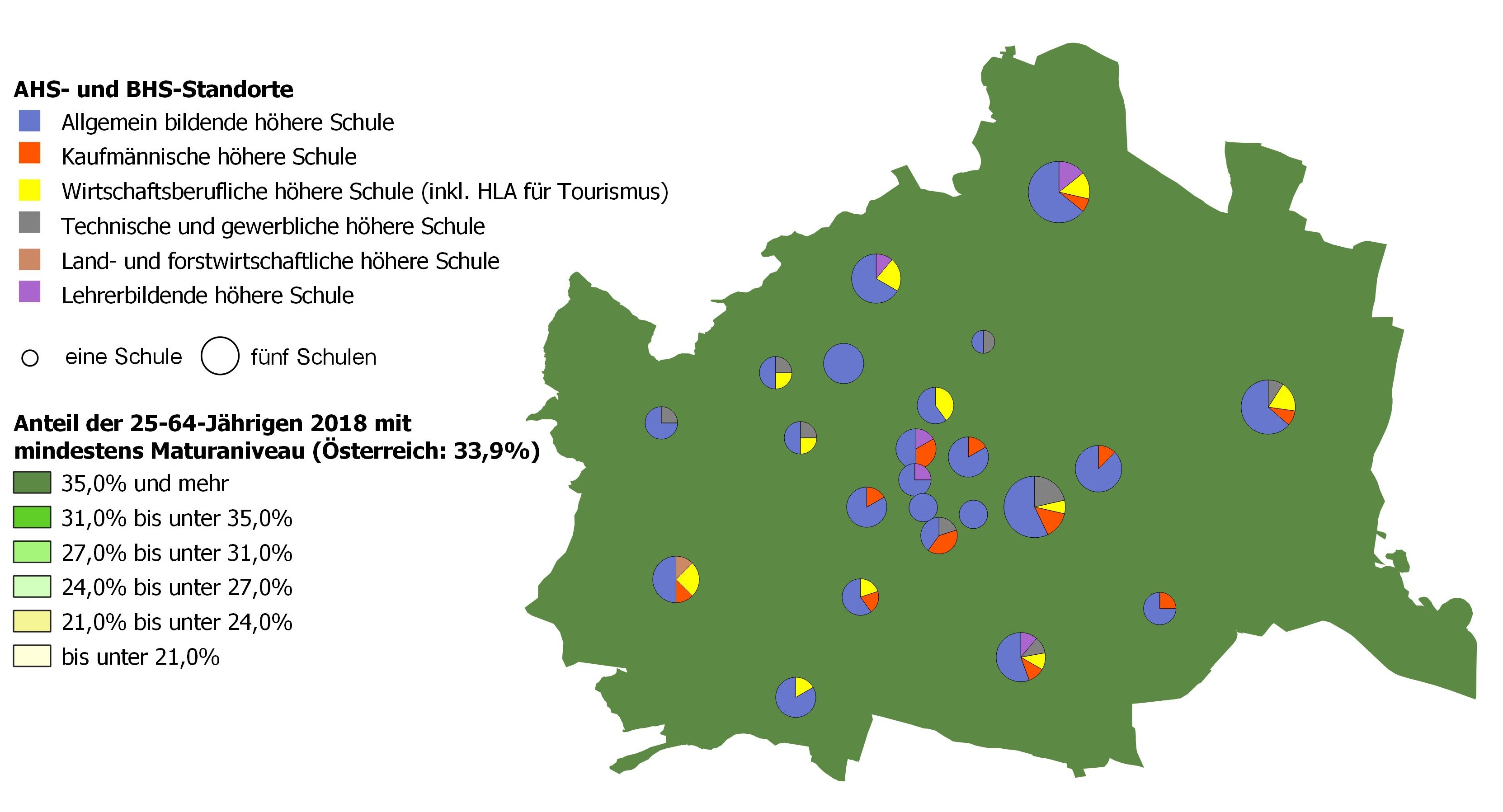 Bildungsniveau 2018 und Standorte von allgemeinbildenden höheren Schulen und berufs- sowie lehrerbildenden höheren Schulen 2020