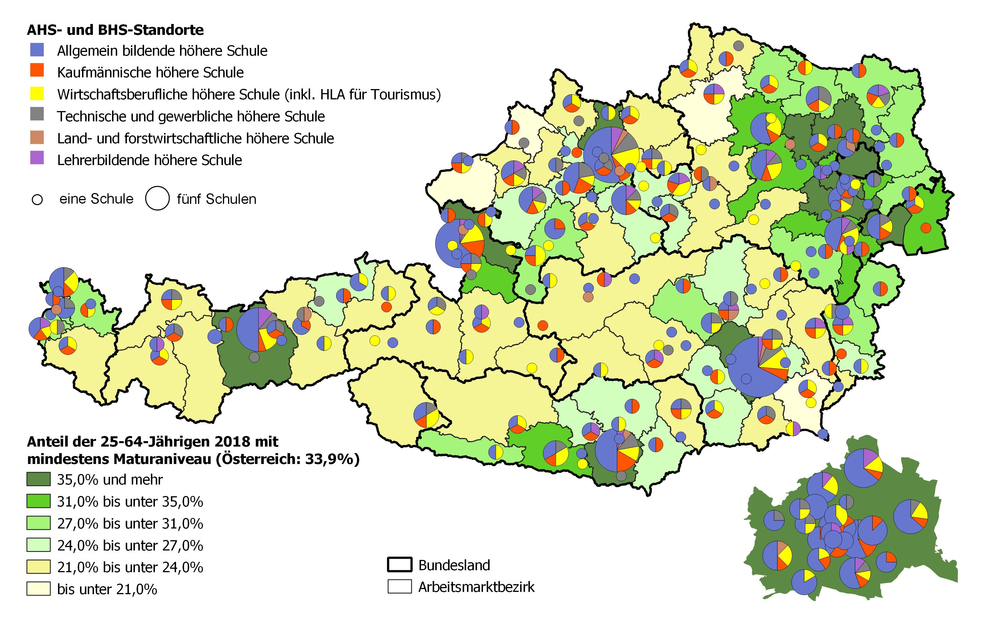 Bildungsniveau 2018 und Standorte von allgemeinbildenden höheren Schulen und berufs- sowie lehrerbildenden höheren Schulen 2020