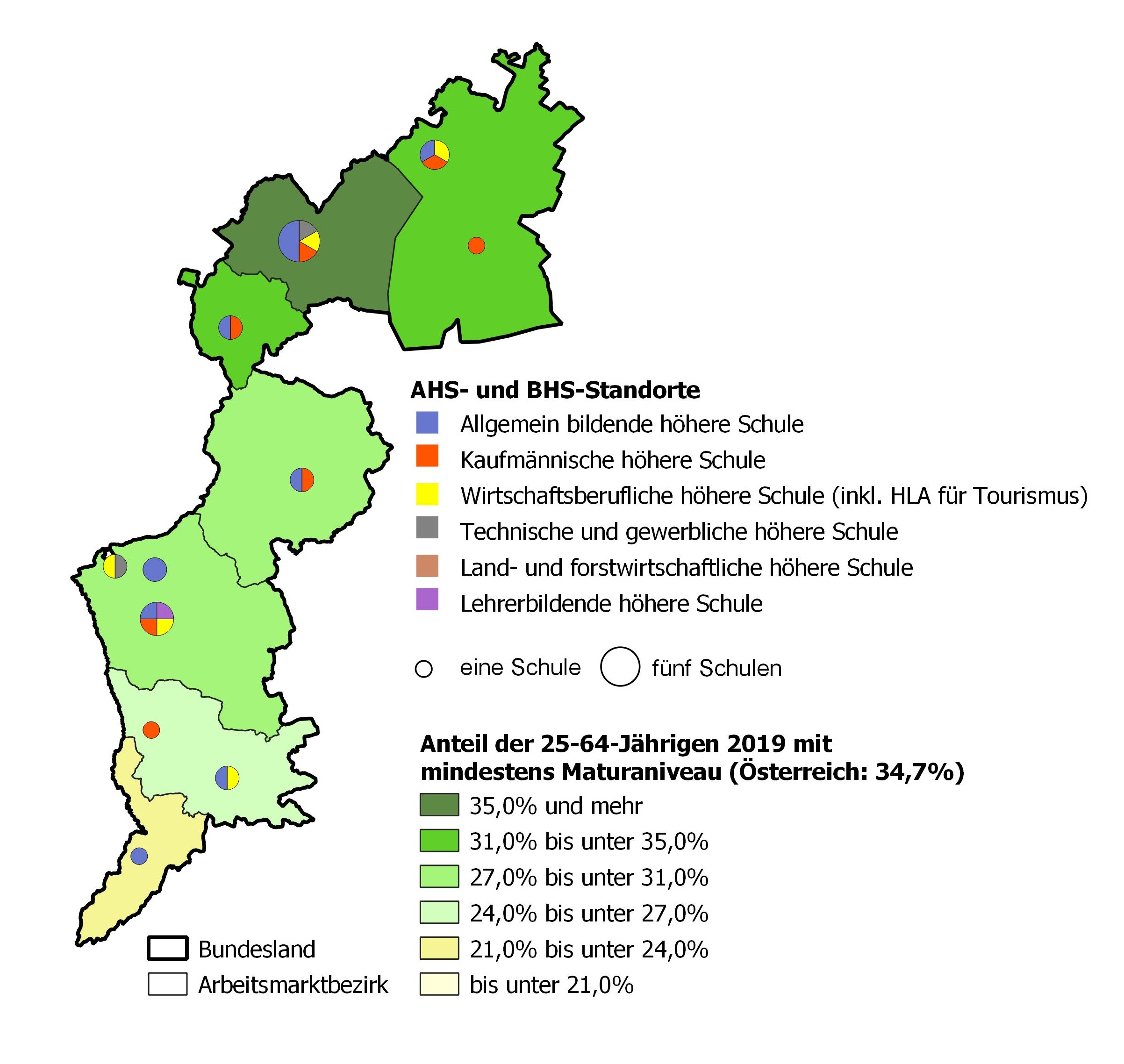 Bildungsniveau 2019 und Standorte von allgemeinbildenden höheren Schulen und berufs- sowie lehrerbildenden höheren Schulen 2021