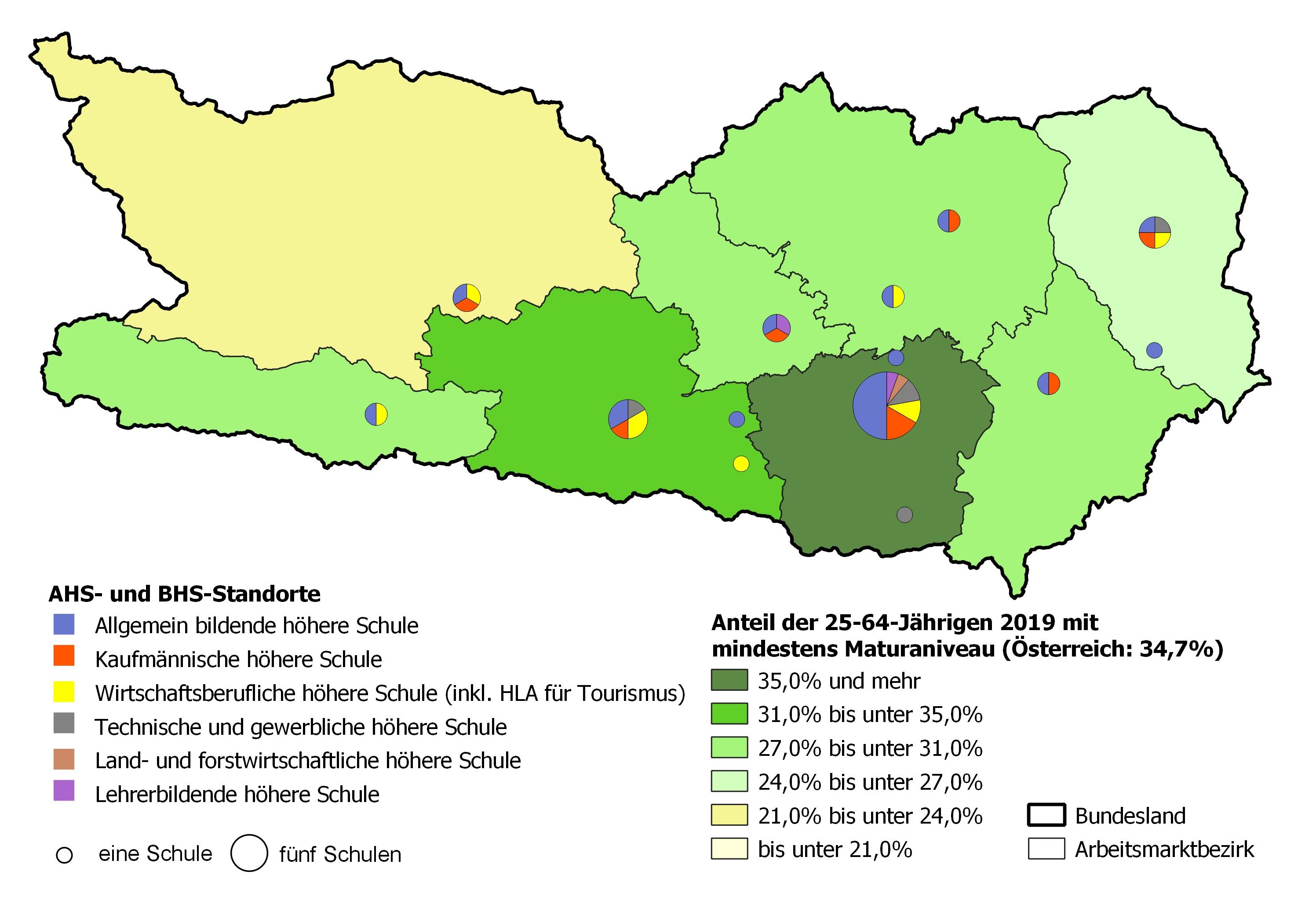 Bildungsniveau 2019 und Standorte von allgemeinbildenden höheren Schulen und berufs- sowie lehrerbildenden höheren Schulen 2021