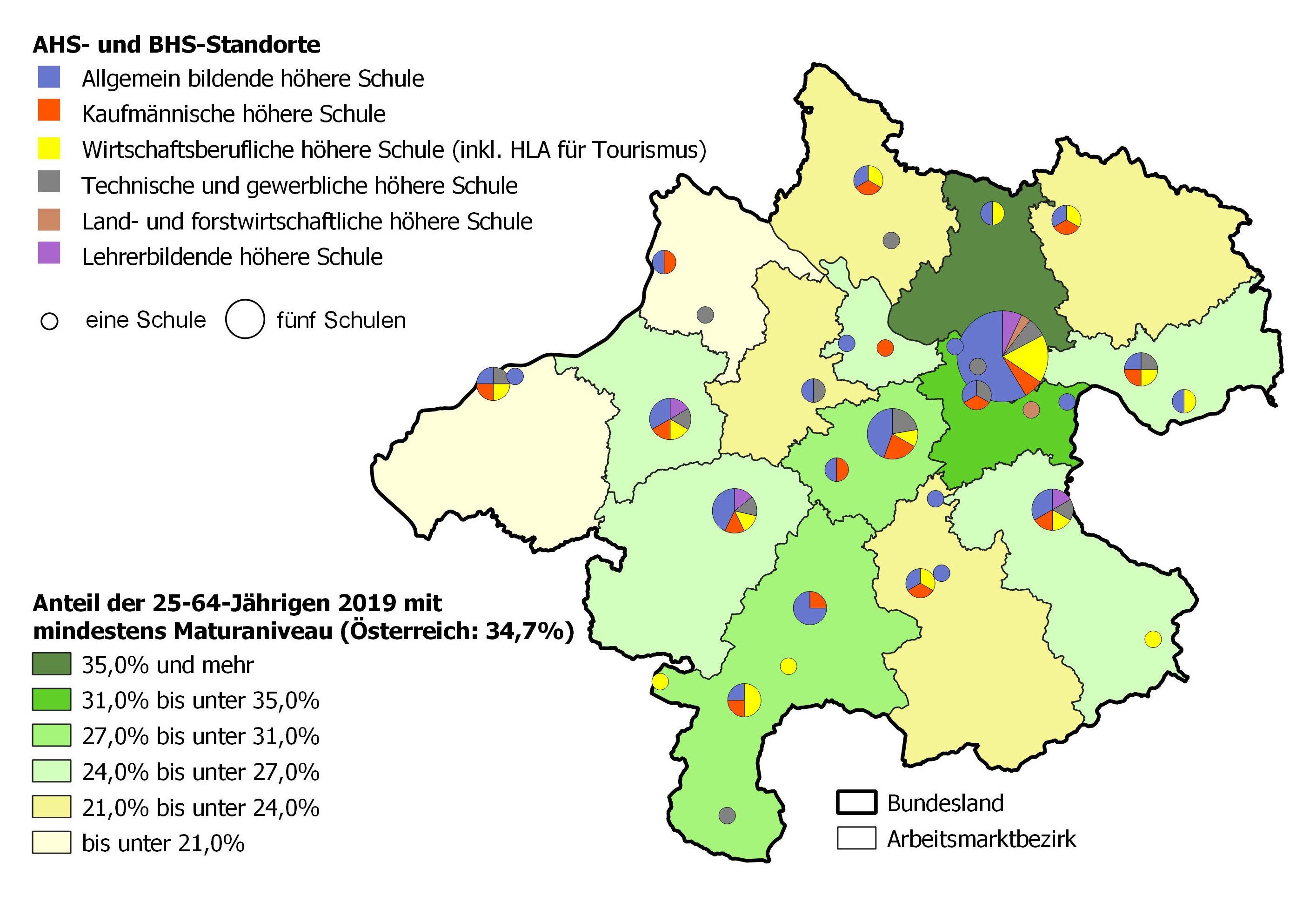 Bildungsniveau 2019 und Standorte von allgemeinbildenden höheren Schulen und berufs- sowie lehrerbildenden höheren Schulen 2021