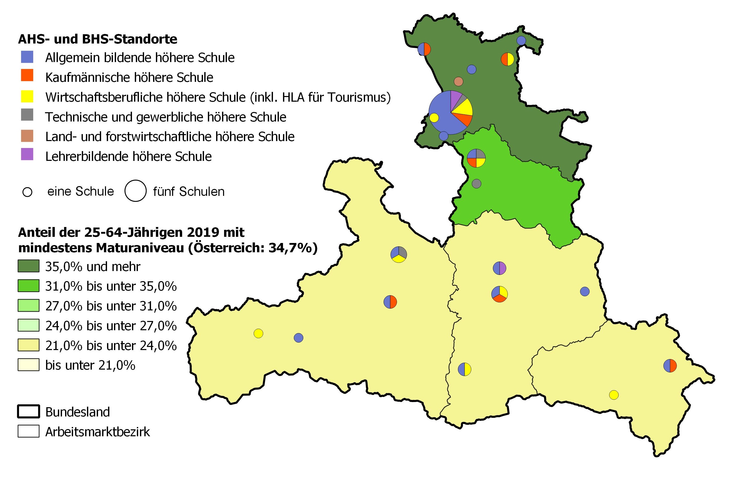 Bildungsniveau 2019 und Standorte von allgemeinbildenden höheren Schulen und berufs- sowie lehrerbildenden höheren Schulen 2021