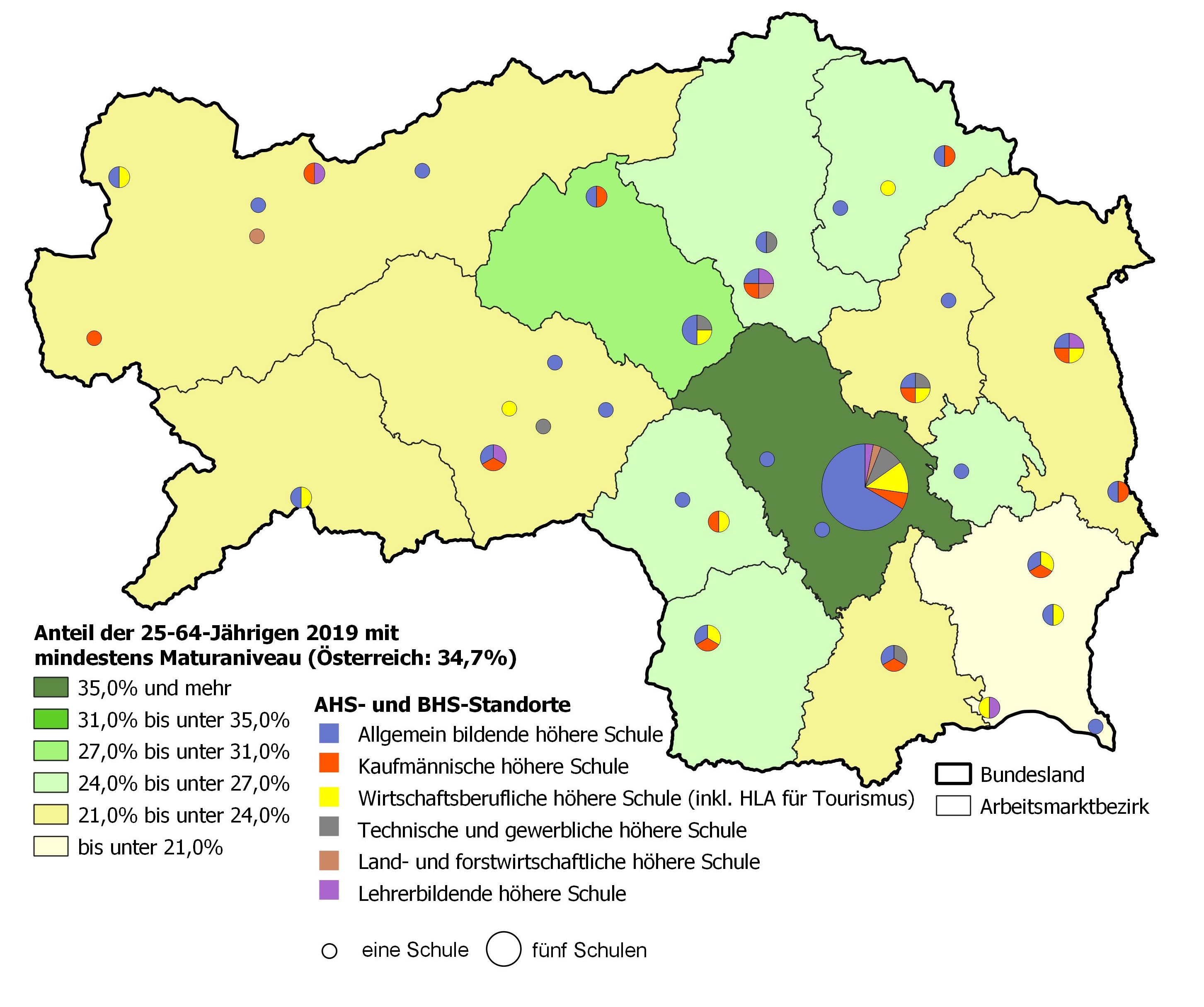 Bildungsniveau 2019 und Standorte von allgemeinbildenden höheren Schulen und berufs- sowie lehrerbildenden höheren Schulen 2021