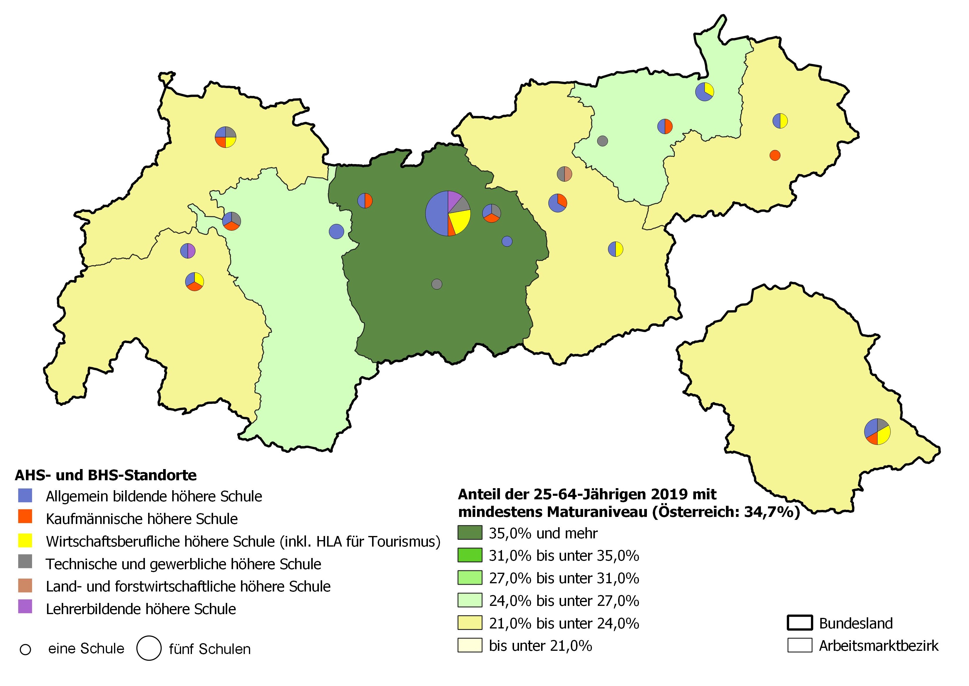 Bildungsniveau 2019 und Standorte von allgemeinbildenden höheren Schulen und berufs- sowie lehrerbildenden höheren Schulen 2021