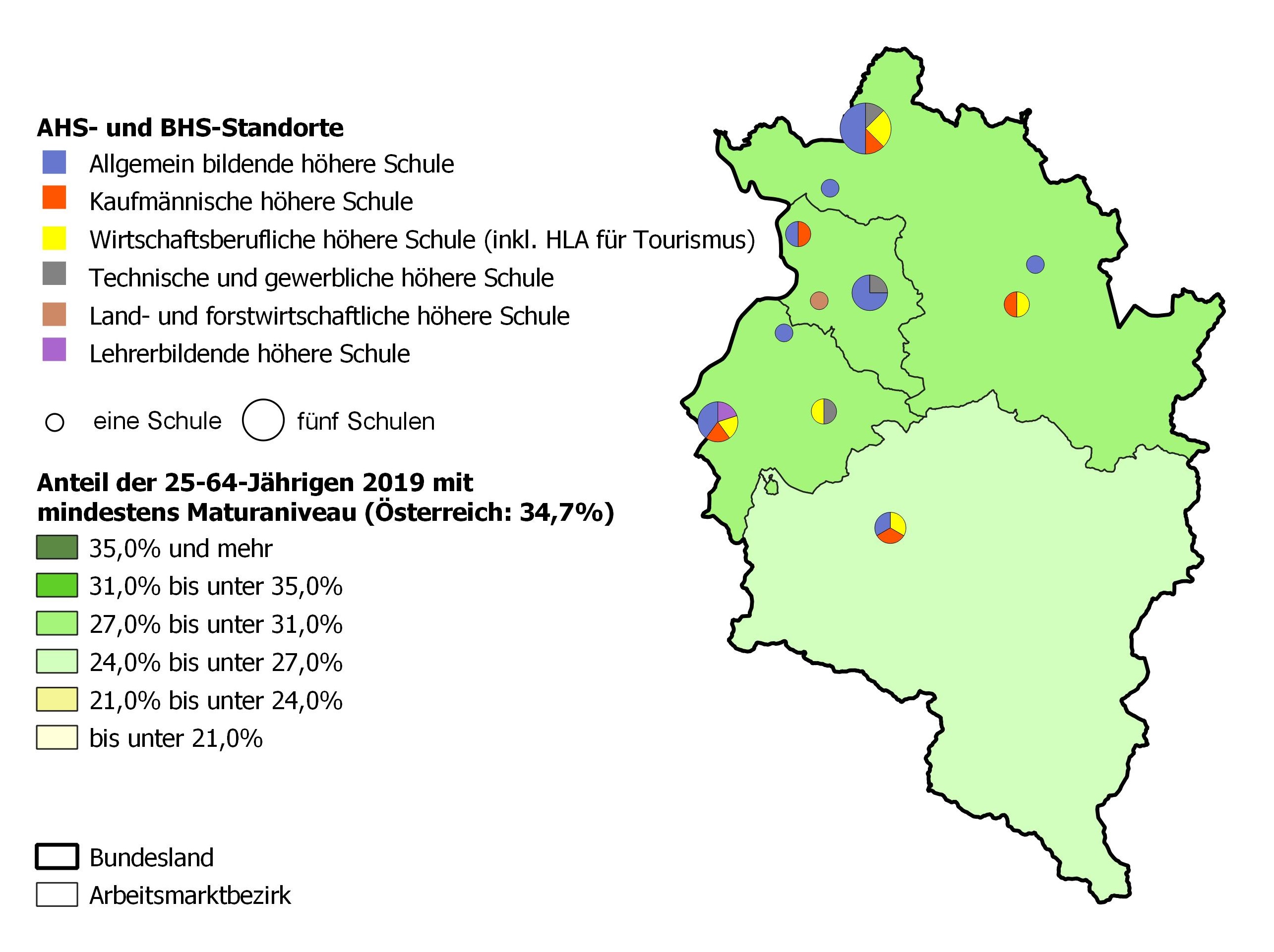 Bildungsniveau 2019 und Standorte von allgemeinbildenden höheren Schulen und berufs- sowie lehrerbildenden höheren Schulen 2021