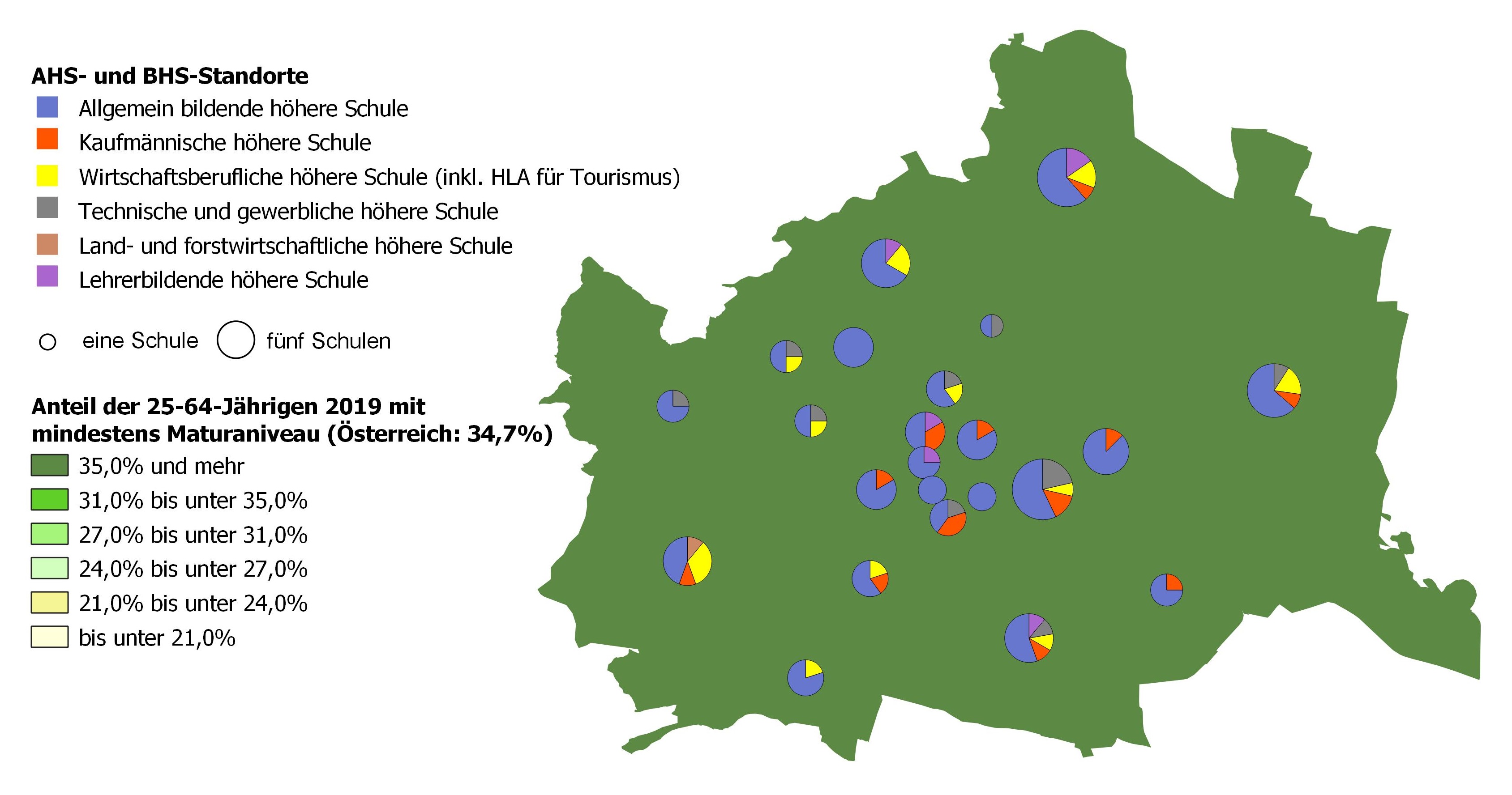 Bildungsniveau 2019 und Standorte von allgemeinbildenden höheren Schulen und berufs- sowie lehrerbildenden höheren Schulen 2021