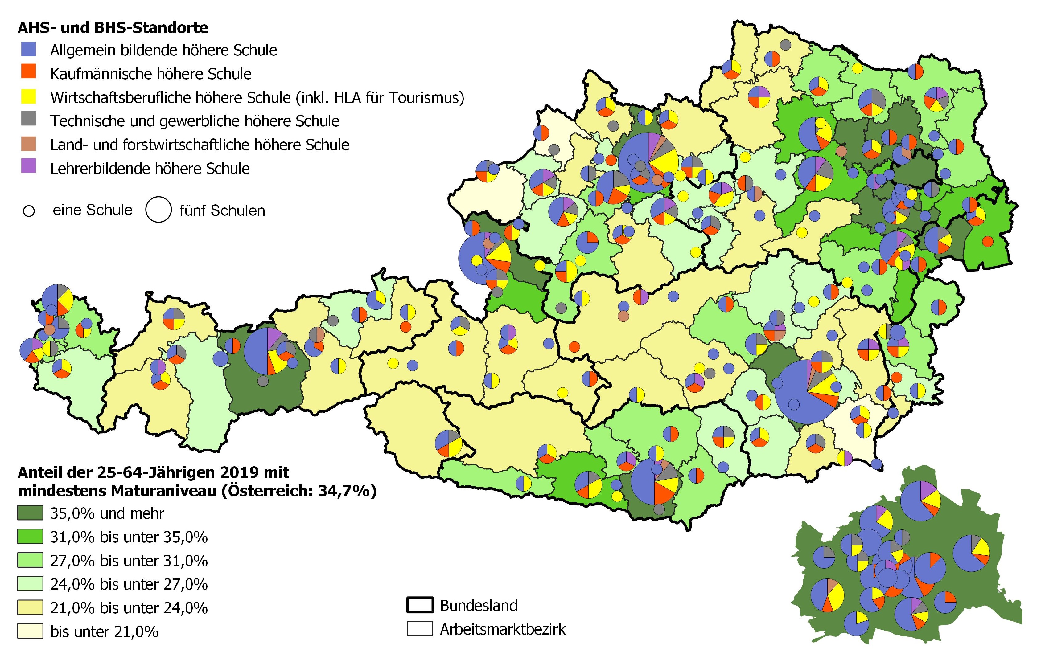 Bildungsniveau 2019 und Standorte von allgemeinbildenden höheren Schulen und berufs- sowie lehrerbildenden höheren Schulen 2021