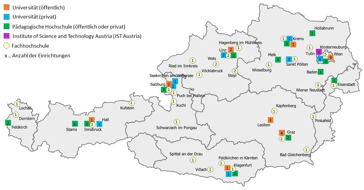 Standorte von Universitäten, Pdagogischen Hochschulen und Fachhochschulen 2020/2021